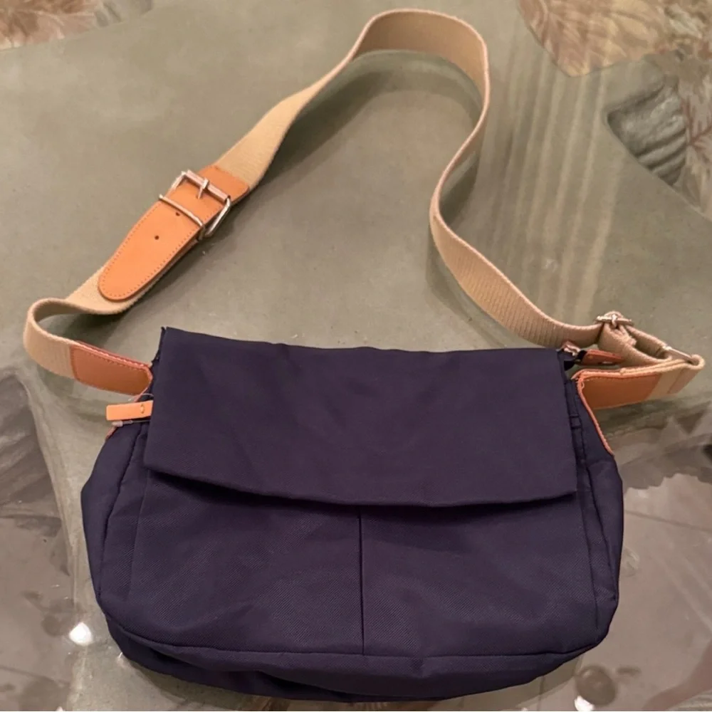 Navy Blue Messenger Bag with Tan Strap